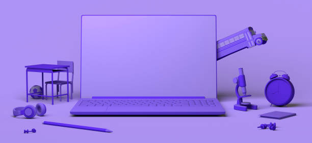 istock Online education concept with laptop. Back to school. Screen with floating educational objects. 3D illustration. Copy space. Banner. 1414027543