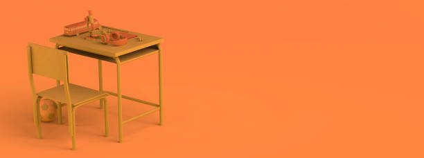 istock Concept of school and education. Back to school. Desk with educational objects. 3D illustration. Copy space. Banner. 1414027566