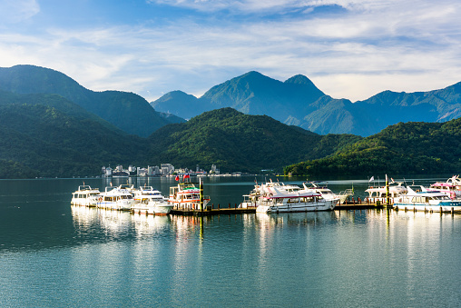 Nantou, Taiwan - June 25, 2016: The scenery of the Yacht Marina at Sun Moon Lake in the morning is a famous attraction in Nantou, Taiwan.
