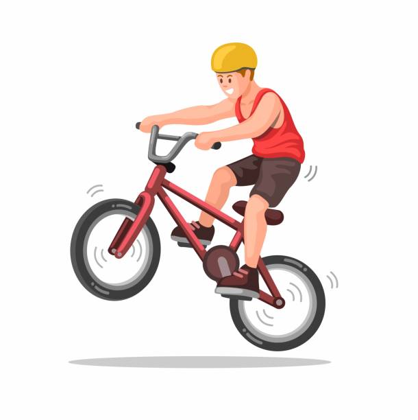 ilustrações de stock, clip art, desenhos animados e ícones de boy riding bike, freestyle extreme sport illustration vector - bmx cycling bicycle street jumping
