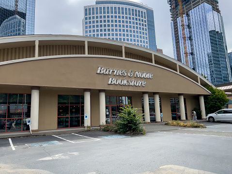 Bellevue, WA USA - circa July 2022: Angled view of the exterior of downtown Barnes and Noble, preparing to close to open in a new location.