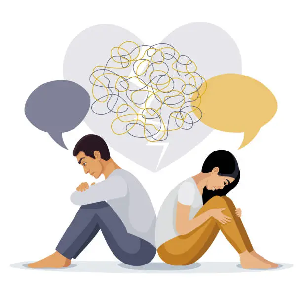 Vector illustration of Couple problems. Couple therapy. Relationship and marriage problems.