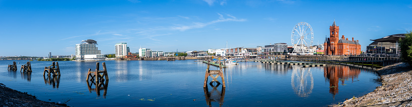 Waterfront panorama with Historical Red Brick Pierhead Building and Ferris Wheel