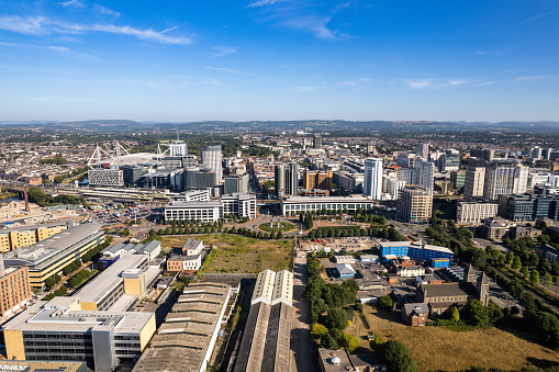 aerial shot of City centre with park foreground
