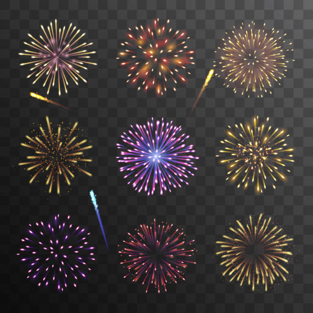 illustrazioni stock, clip art, cartoni animati e icone di tendenza di insieme vettoriale di fuochi d'artificio colorati su sfondo scuro - pyrotechnics
