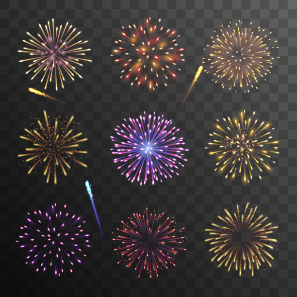 ilustrações de stock, clip art, desenhos animados e ícones de vector set of colorful fireworks on dark background - pyrotechnics