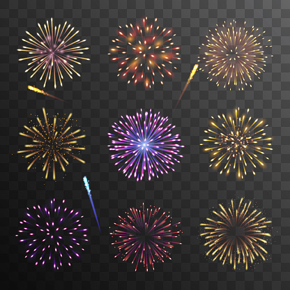 Vector set of colorful fireworks on dark background
