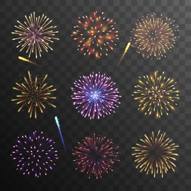 Vector illustration of Vector set of colorful fireworks on dark background