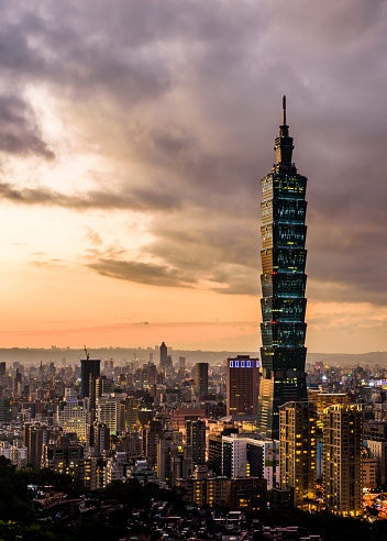 Taipei, Taiwan- December 31, 2016: sunset view of Taipei from the top of the mountain in Taipei Taiwan. Taipei 101 Skyscrapers, and other modern buildings of downtown.