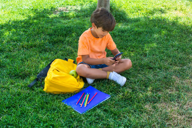 Little boy sitting on grass using smartphone