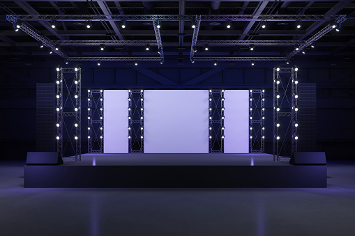 Empty stage Design for mockup and Corporate identity,Display.Platform elements in hall.Blank screen system for Graphic Resources.Scene event led night light staging.3d Background for onlineEvent,conference,live.3 render.
