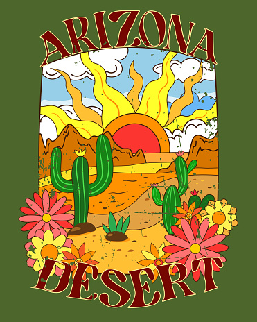Arizona desert vector print design for t shirt and others. Retro vintage art with Arizona desert and cactus. Arizona desert retro vibes print