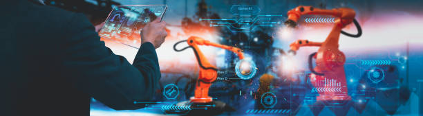 istock Industry engineer control robotics automatic arms in factory,using smart tablet glass device,machine learning operation,concept business and industry 4.0,Artificial intelligence or AI,with 5G network 1414040101