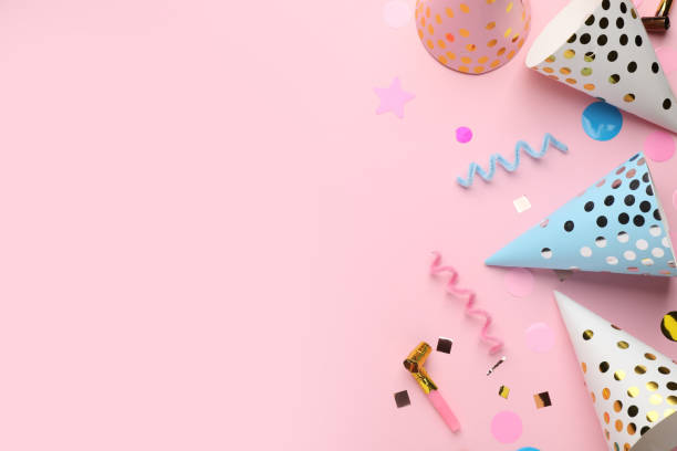 istock Flat lay composition with party items on pink background, space for text 1414040163