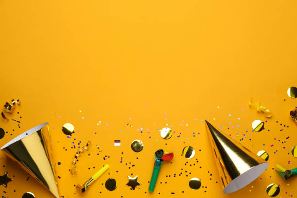 istock Flat lay composition with party items on orange background, space for text 1414040215