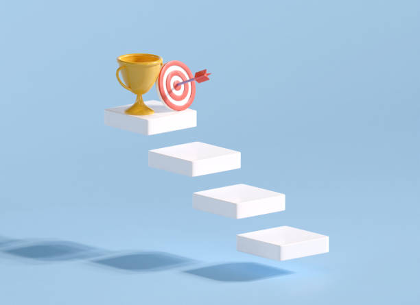 istock 3d render stair to success and trophy with dartboard on top. staircase growth up the winner. Goals to victory and success. business achieve work complete. 3d rendering illustration isometric design. 1414041637