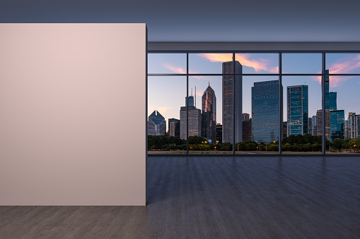 Downtown Chicago City Skyline Buildings Window background. Copy space white wall. Empty room Interior Skyscrapers View. Mockup concept. Sunset. 3d rendering.