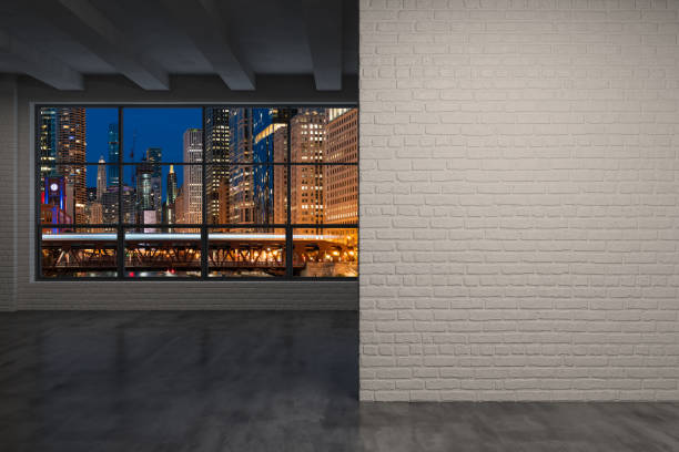 istock Downtown Chicago City Skyline Buildings Window background. Copy space white wall. Empty room Interior Skyscrapers View. Mockup concept. Night. 3d rendering. 1414042442