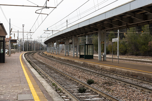 Monfalcone, Gorizia, Italy - February 17, 2020: Empty Train station in Monfalcone Italy