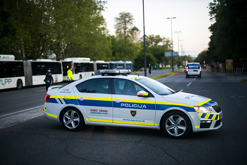 Ljubljana, Slovenia - May 28, 2021: Police Car Closed Street on Political Protest against Slovene Parliament in Ljubljana