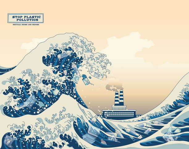 ilustrações, clipart, desenhos animados e ícones de reprodução da grande onda da pintura kanagawa com arte conceitual de poluição do mar. - water pollution chemical garbage plastic