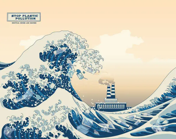 Vector illustration of Reproduction of The great wave of kanagawa painting with sea pollution concept art.