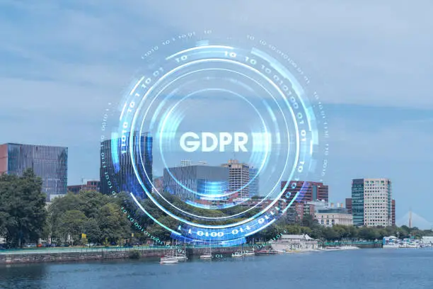 Photo of Panorama Boston city view skyline and Massachusetts Institute of Technology campus at day time. GDPR hologram is data protection regulation and privacy for all individuals within the EU Economic Area