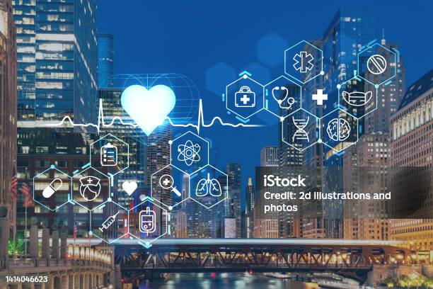 Panorama Cityscape Of Chicago Downtown And Riverwalk Boardwalk With Bridges Night Time Chicago Illinois Usa Health Care Digital Medicine Hologram The Concept Of Treatment And Disease Prevention Stock Photo - Download Image Now