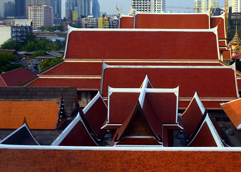 Bangkok, Thailand: traditional Thai roofs seen above, Wat Uthai Tharam temple - Thai architecture - Kamphaeng Phet  Road, Bang Kapi, Huai Khwang.