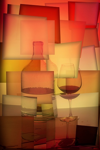 Abstract collage with a glass bottle and a glass of wine