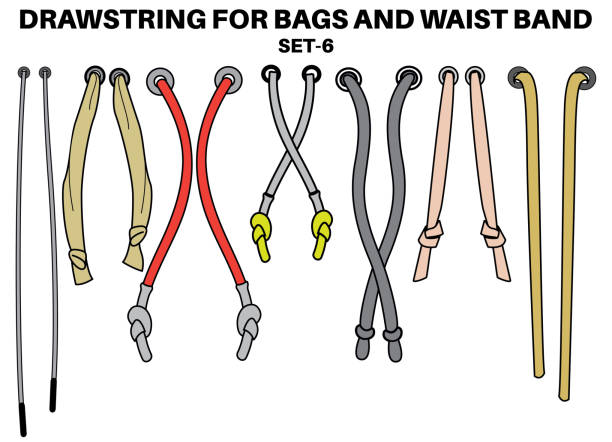 ilustrações, clipart, desenhos animados e ícones de drawstring cordor de vetor de esboço plano ilustrador. conjunto de cordas draw com aglets para cintura banda, bolsas, sapatos, jaquetas, shorts, calças, vestuário, aiglets drawcord para roupas para puxar ou apertar - sack bag textile rope