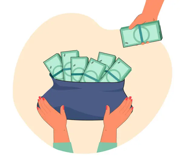 Vector illustration of Bag of money in human hands flat vector illustration