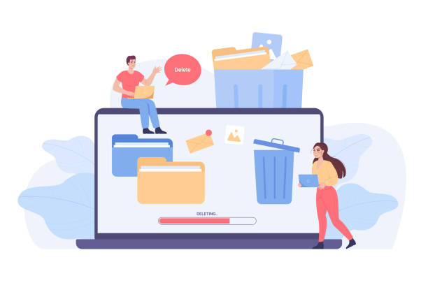 Tiny people and huge laptop with trash bin on screen Tiny people and huge laptop with trash bin on screen. Speech bubble with word delete, process of deleting of files on computer flat vector illustration. Storage, digital data concept for banner laptop in a trash bin stock illustrations