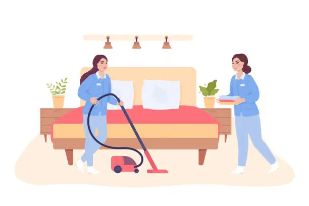 Vector illustration of Housekeepers or hotel staff cleaning room