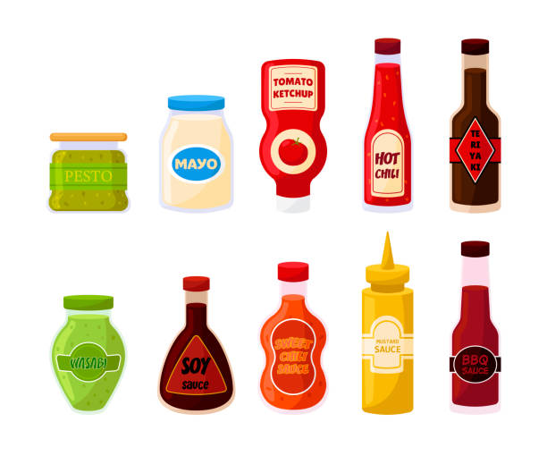flaschen und gläser mit verschiedenen saucen vektorillustrationen set - sauces dip ketchup mayonnaise stock-grafiken, -clipart, -cartoons und -symbole