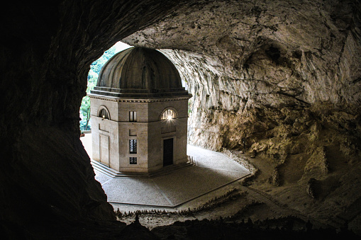 View of the Tempio di Valadier sanctuary in the Frasassi Caves near Genga. A real hidden gem between the hills of the Marche region in Italy.