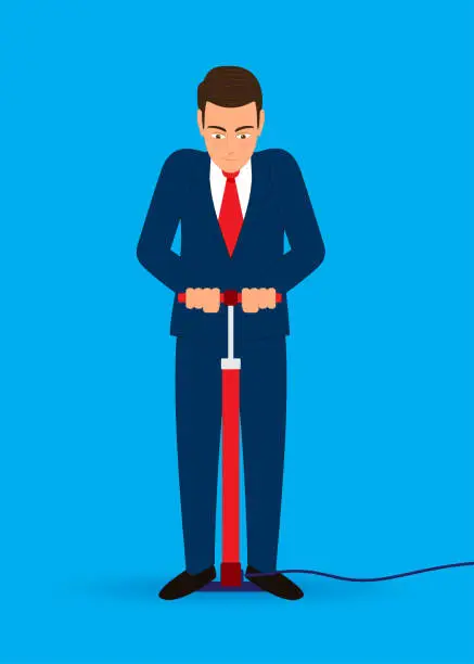 Vector illustration of Man inflates and uses a bicycle pump.