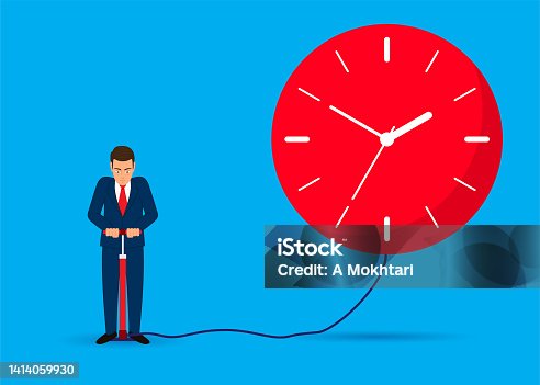 istock Man inflates time, a watch or clock... 1414059930