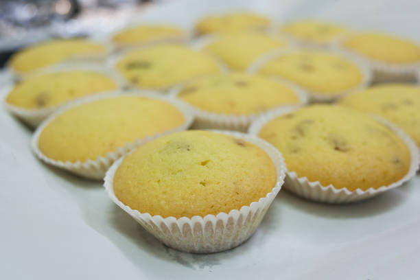 Cupcakes, close up. Homemade muffins with raisins. The process of making muffins step by step. Tasty dessert or breakfast. Eating concept. Selective focus. Cupcakes inside parchment paper cups.