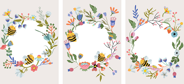 Vector cute wreaths with wildflowers flowering and honey bees. Composition for your greeting cards, wedding, postcard. Vector Illustration.