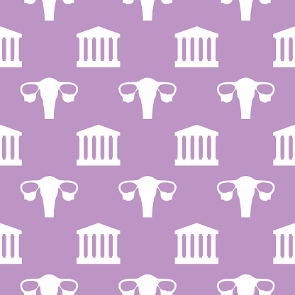 Vector seamless pattern of white court houses and uteruses on a lavender square background.