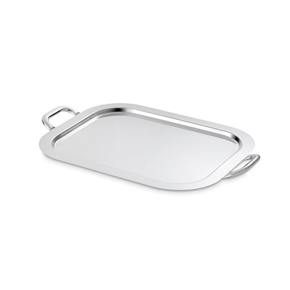 Simple rectangular stainless steel tray, isolated on white