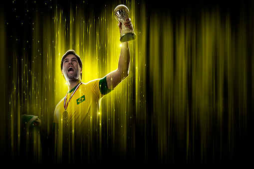 Brazilian soccer player, on a yellow and black background.