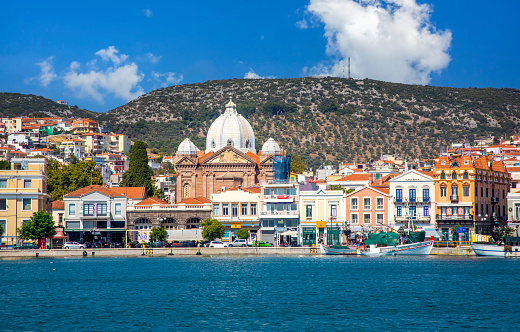 View of Mytilene seaside port with cathedral of Agios Therapontas, Lesvos island, Greece on August 7, 2022