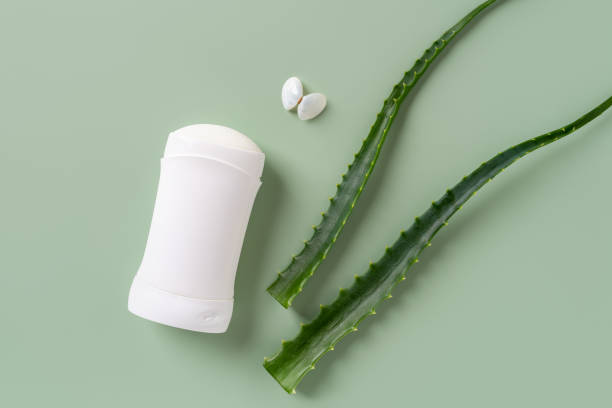 istock Solid antiperspirant deodorant and sea shell butterfly near fresh aloe leaves over pastel green background. Concept of natural herbal cosmetics and organic toiletries for body care. 1414066069