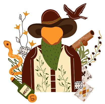 Wild west poster with a sheriff character in cowboy hat, snake, flying eagle, cowboy gun. Further Old West in flat style. Vector illustration