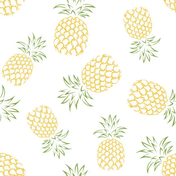 Vector illustration of Pineapples outline seamless pattern. Vector background with tropical fruits on white.