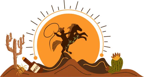 Vector illustration of Wild west poster with a cowboy on a horse in desert, cactus, sun, spider. Further Old West in flat style. Vector illustration