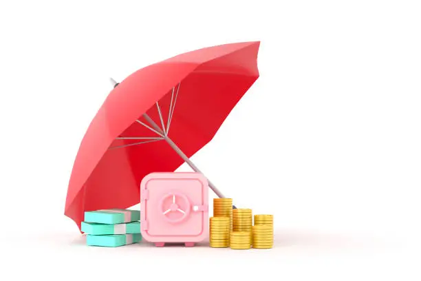 Photo of Piles of golden coins, banknotes and safe under red umbrella.