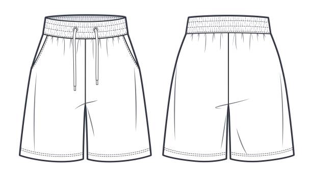 illustrazioni stock, clip art, cartoni animati e icone di tendenza di illustrazione tecnica moda bermuda unisex. pantaloni corti felpa moda flat, elastico in vita, davanti e dietro, colore bianco. abbigliamento sportivo unisex cad mock-up. - swimming trunks immagine